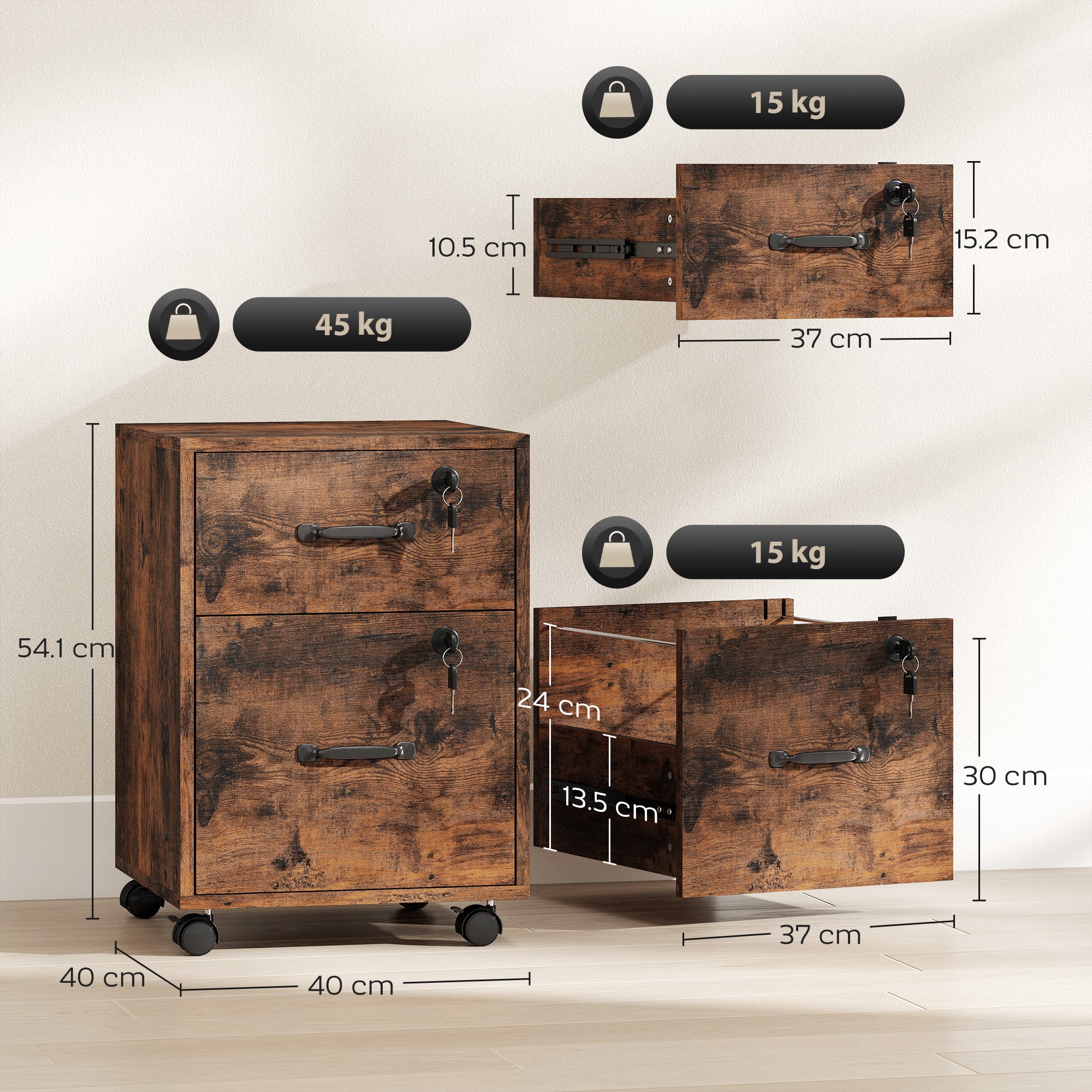 HOMCOM Rolling File Cabinet with 2 Drawers, Mobile Filing Cabinet with Hanging File Folder for Letter Sized Documents, Rustic Brown 