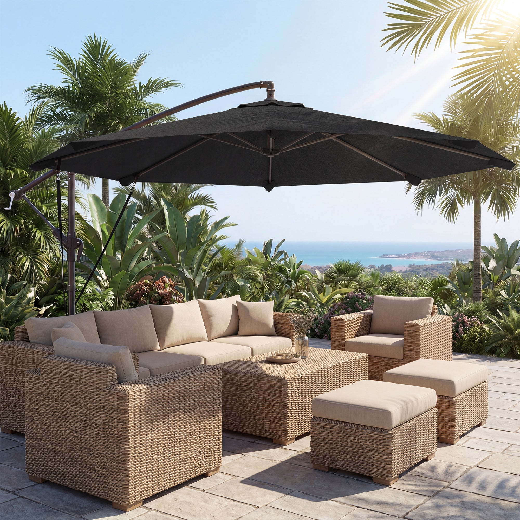 Outsunny 3 m Cantilever Parasol with Protective Cover and Wind Ropes, Banana Parasol with Crank Handle, Black 