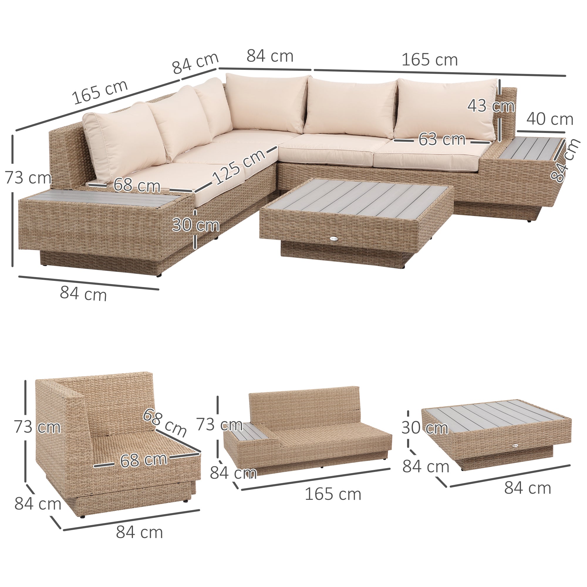 Outsunny 4 Pieces Rattan Garden Furniture Set, Garden Corner Sofa with Side Trays, Wicker Conservatory Furniture Set with Loveseats, Slatted Plastic Top Coffee Table and Cushions, Beige 