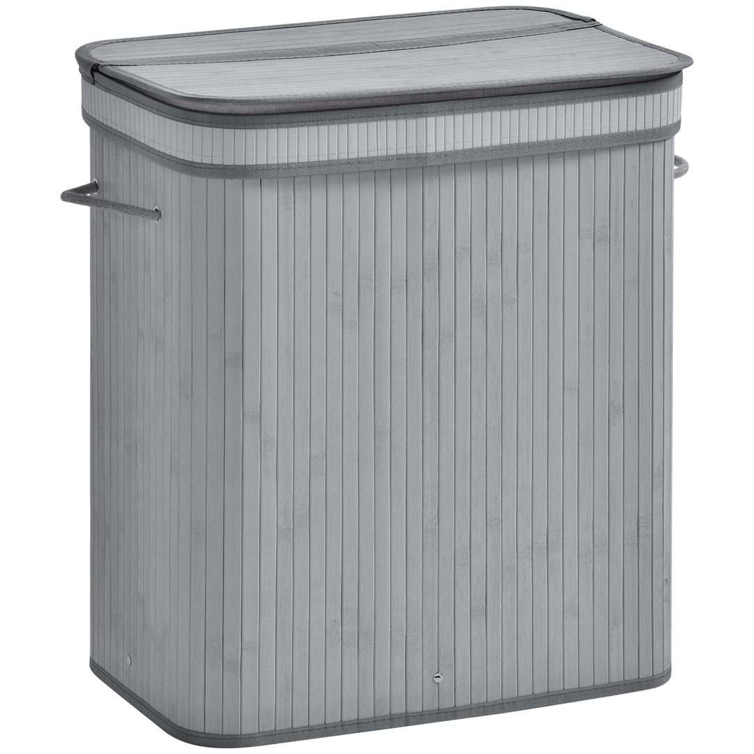 HOMCOM 100L Natural Wood Laundry Basket A Compartment w/Flip Lid Removable Lining Handles Board Base Foldable Durable Water-Resistant Dirty Clothes Storage Home Organisation Grey 