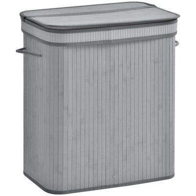 HOMCOM 100L Natural Wood Laundry Basket A Compartment w/Flip Lid Removable Lining Handles Board Base Foldable Durable Water-Resistant Dirty Clothes Storage Home Organisation Grey 