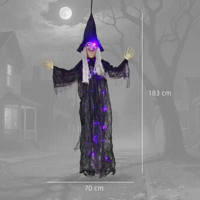 Outsunny 183 cm Life Size Halloween Animated Hanging Witch with Glowing LED Eyes & Body, Spooky Witch Scary Halloween Decorations, Battery Operated, Indoor Party Props 