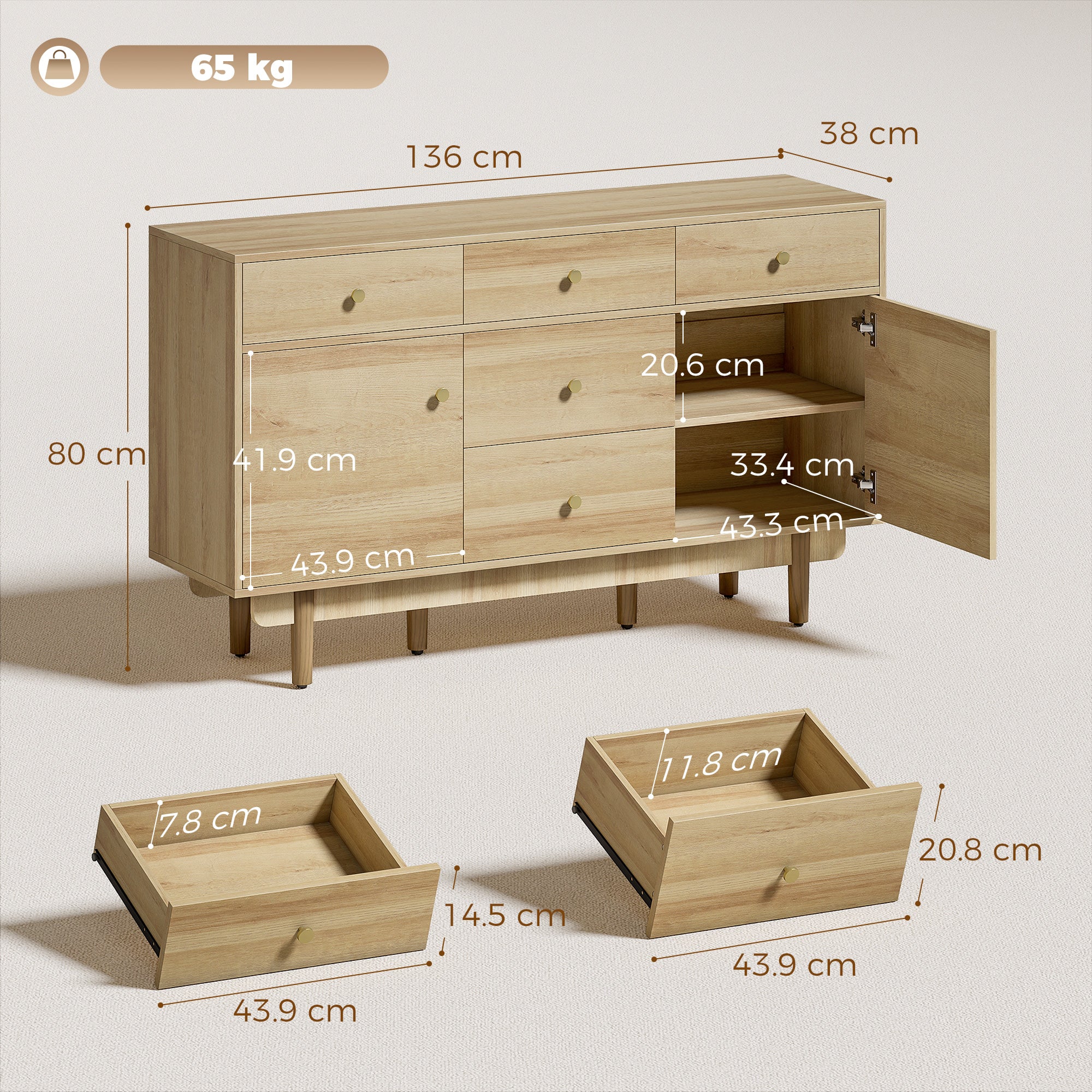 HOMCOM Sideboard with 5 Drawers and 2 Cabinets Buffet Cabinet with Solid Wood Legs 136 cm Walnut 