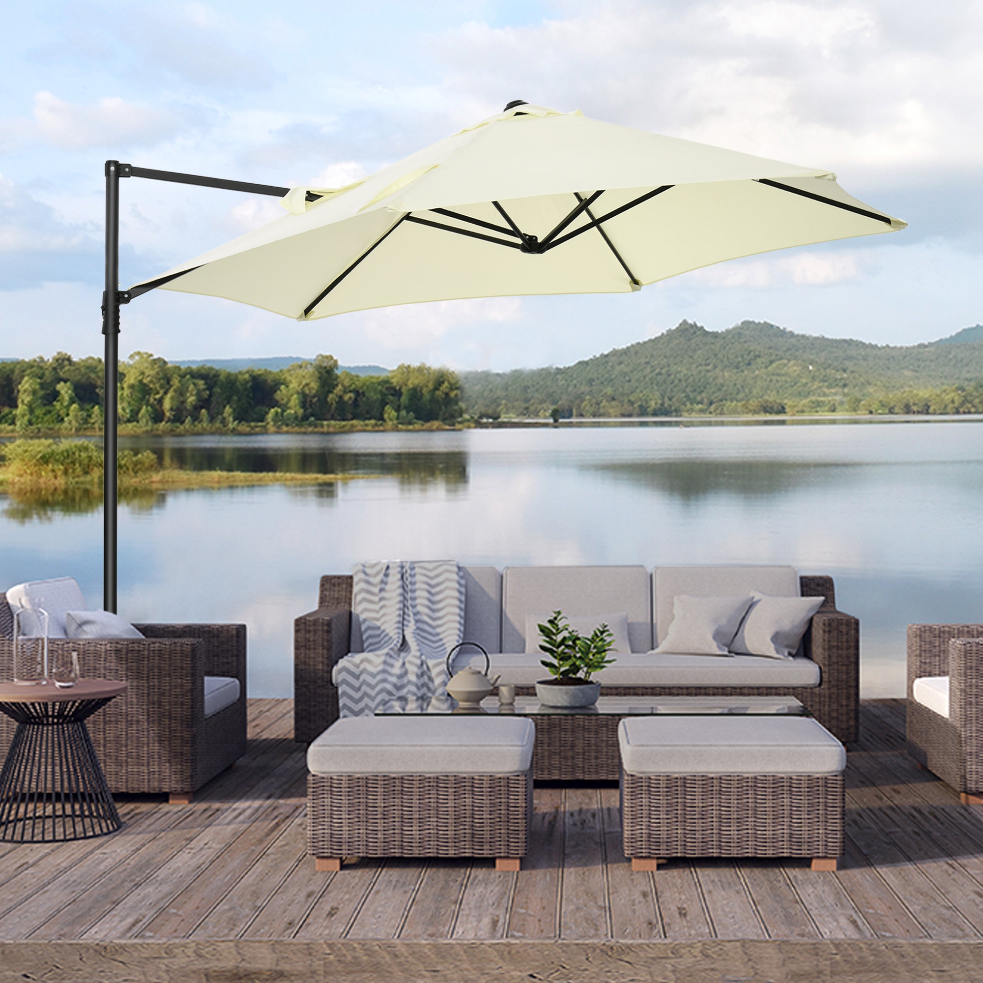 Outsunny 2.5M Garden Cantilever Parasol, Offset Roma Patio Umbrella Hanging Sun Shade Canopy Shelter with 360\'c2\'b0 Rotation and Cross Base, Beige