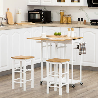 HOMCOM Kitchen Island Set with 2 Stools, Bamboo Breakfast Cart with Drop Leaf Top, Drawers and Towel Rack, Rolling Kitchen Cart and Chairs Set, White 