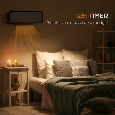 HOMCOM Wall Downflow Heater 2 Heat and Fan 1000W/2000W, Electric Space Heater with Timer Remote Oscillating, for Bedroom Home Office, Black 