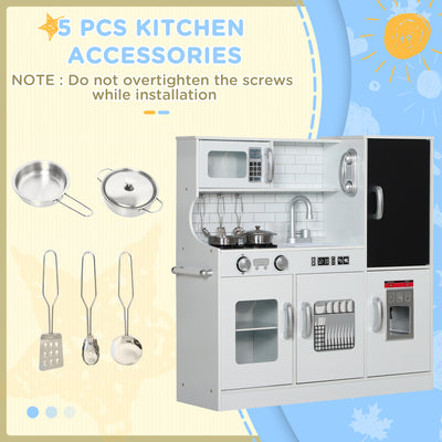 AIYAPLAY Pretend Play Kitchen, Kids Kitchen Playset, with Toy Phone, Chalkboard, Microwave, Cooking Stove, Sink, White 
