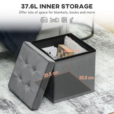 HOMCOM Foldable Velvet-Feel Storage Ottoman - Grey 