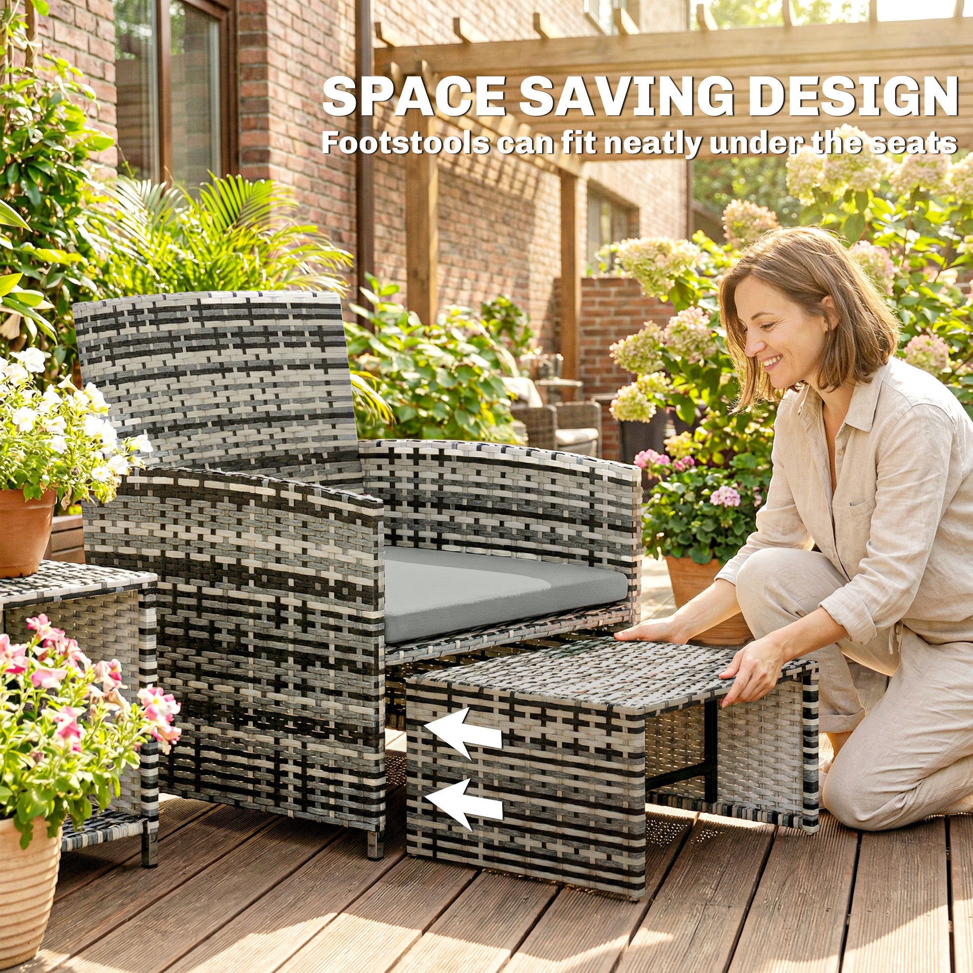 Outsunny 6 Piece Rattan Garden Furniture, Space-Saving Patio Furniture Set with Nesting Tables, Chairs, Stools, Cushions, Grey 