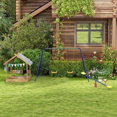 Outsunny House-Designed Wooden Sandbox, Outdoor Sandpit, with Blackboard, Toys, Sink, Seats, Flags, for Ages 3-7 Years - Brown 