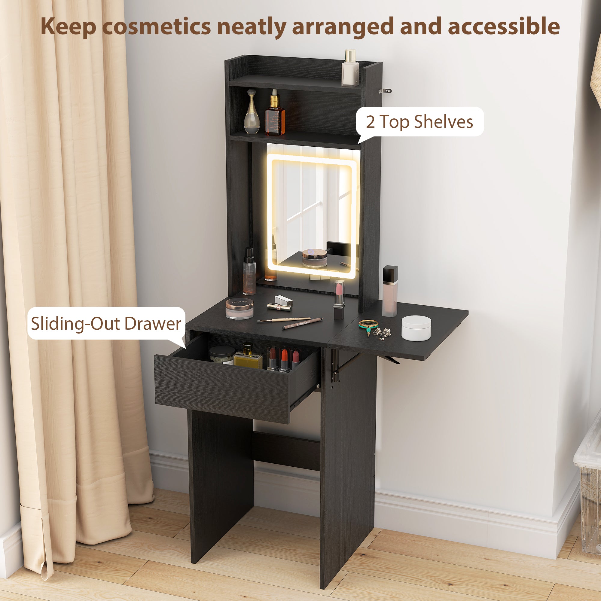 HOMCOM Small Vanity Desk with Mirror and LED Lights, Compact Dressing Table with Drop Leaf, Open Shelves and Drawer, Black 