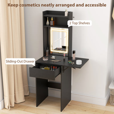HOMCOM Small Vanity Desk with Mirror and LED Lights, Compact Dressing Table with Drop Leaf, Open Shelves and Drawer, Black 