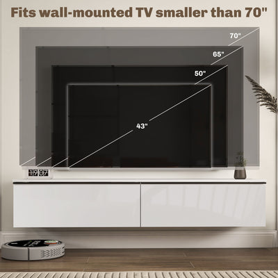 HOMCOM 160cm High Gloss Floating TV Unit Stand for TVs up to 70", Wall Mounted TV Cabinet with Storage Cupboards, White 