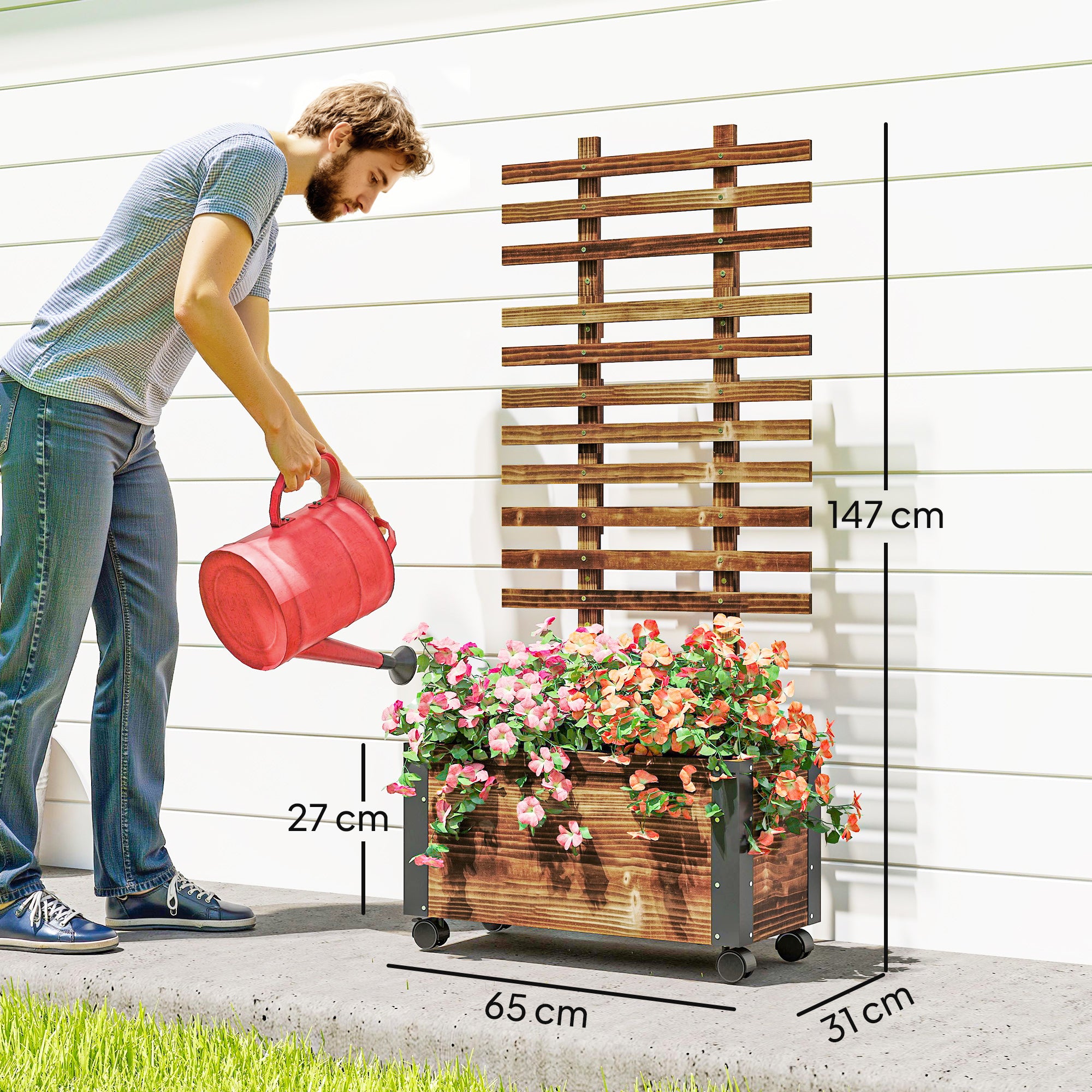 Outsunny Raised Garden Bed with Trellis, Outdoor Wooden Planter Box with Metal Corners and Wheels, Raised Bed for Garden 