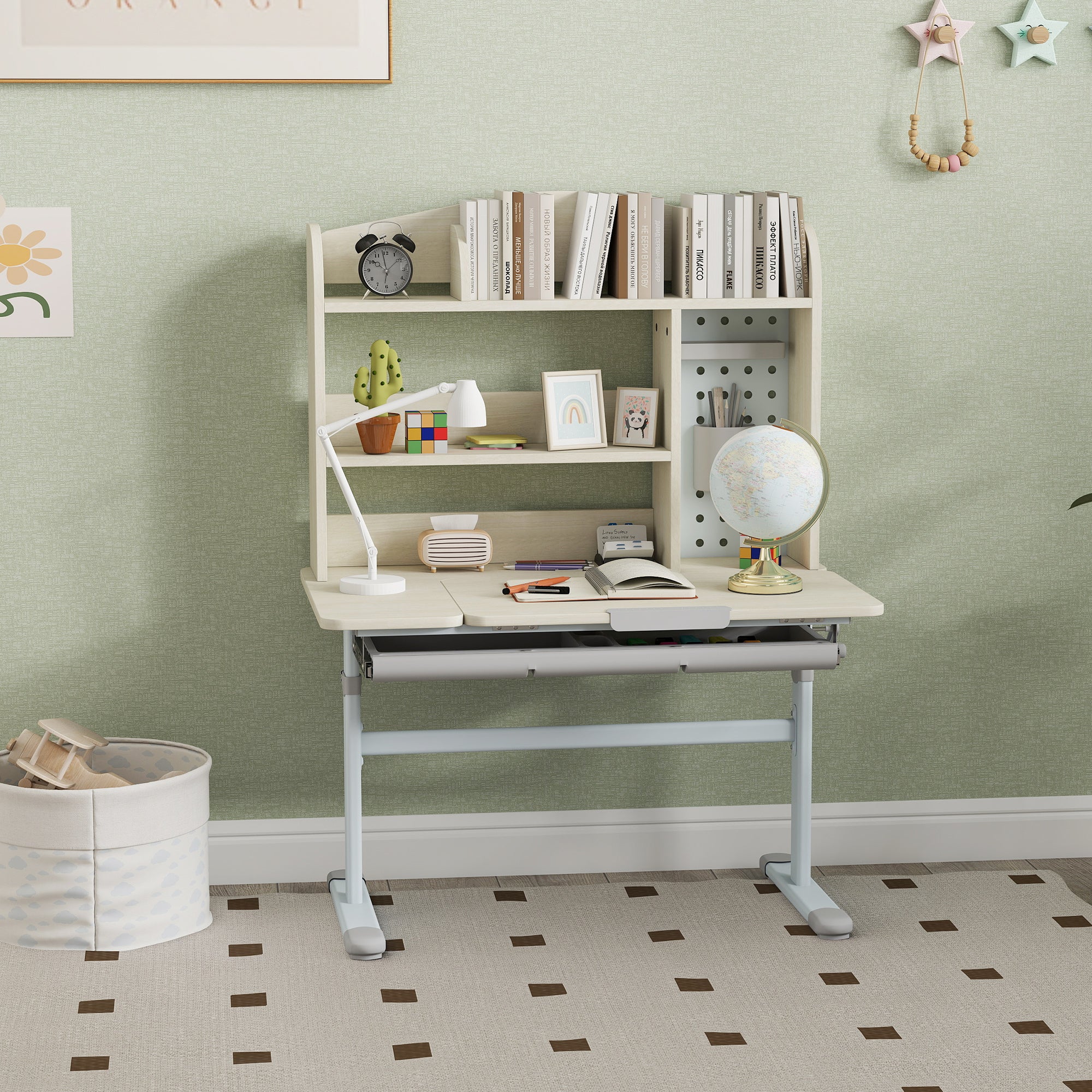 AIYAPLAY Kids Desk Height Adjustable with Tilt-Desktop, Hutch, Drawer, Storage Shelf, Pegboard, for 3-12 Years Old, Natural 