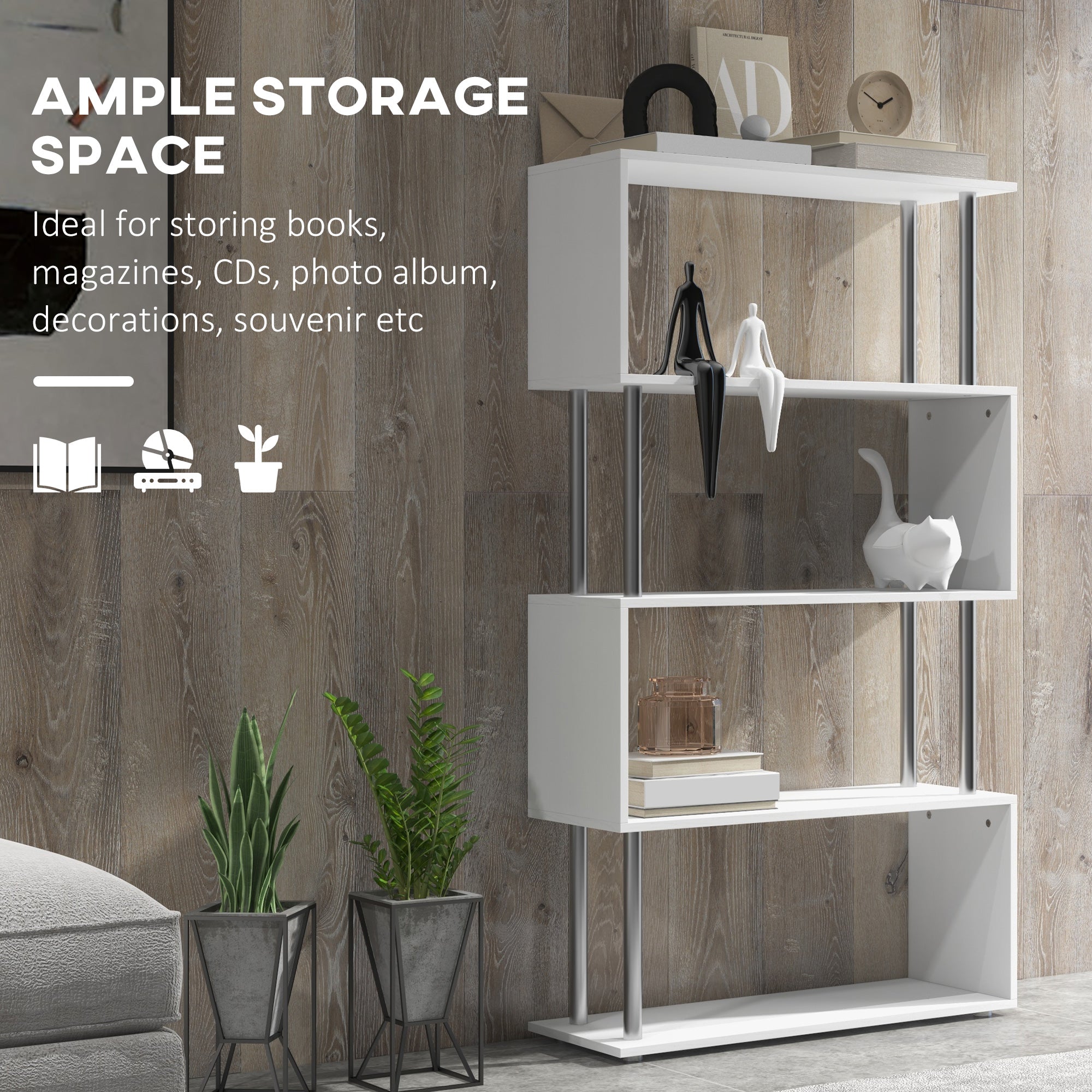 HOMCOM S Shape Bookcase, 5 Tiers Bookshelf, Modern Freestanding Storage Shelf for Home Office, Study, Living Room, 80 x 30 x 145cm, White 