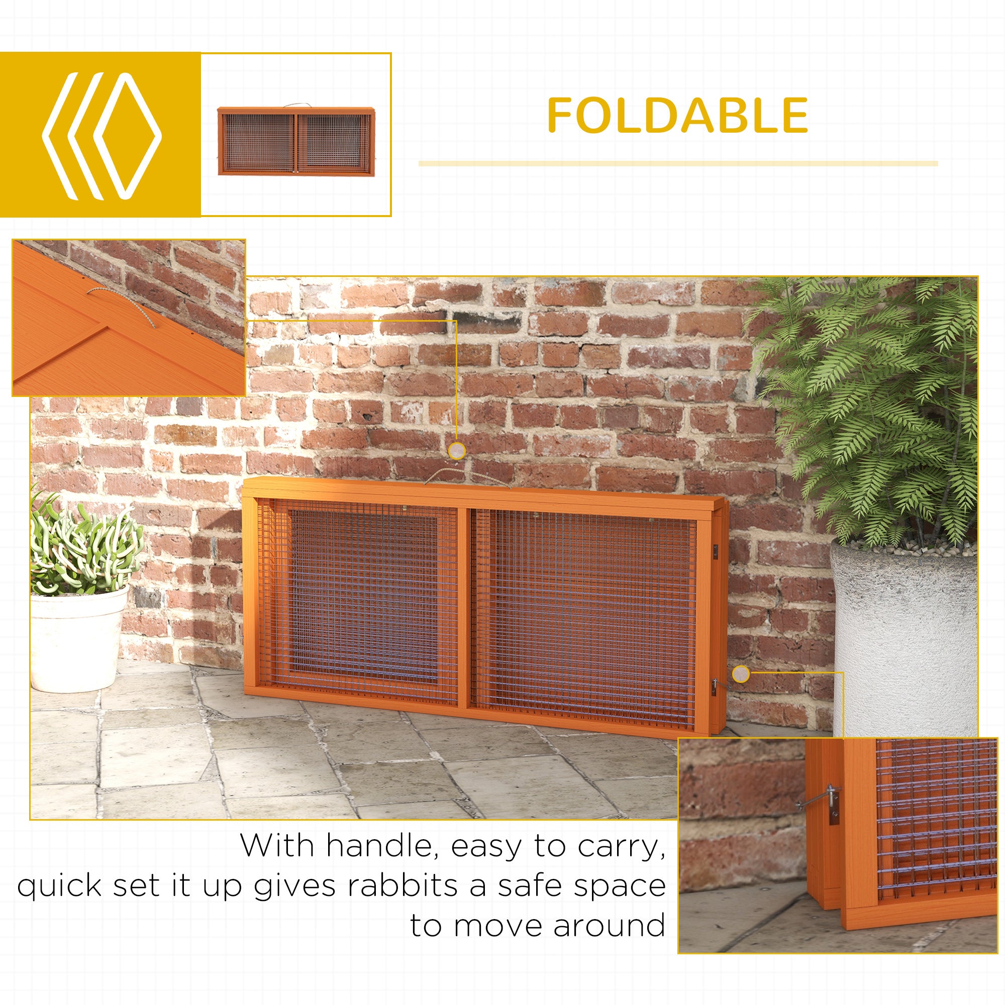 PawHut Wooden Folding Rabbit Hutch, for 2-3 Rabbits - Orange 