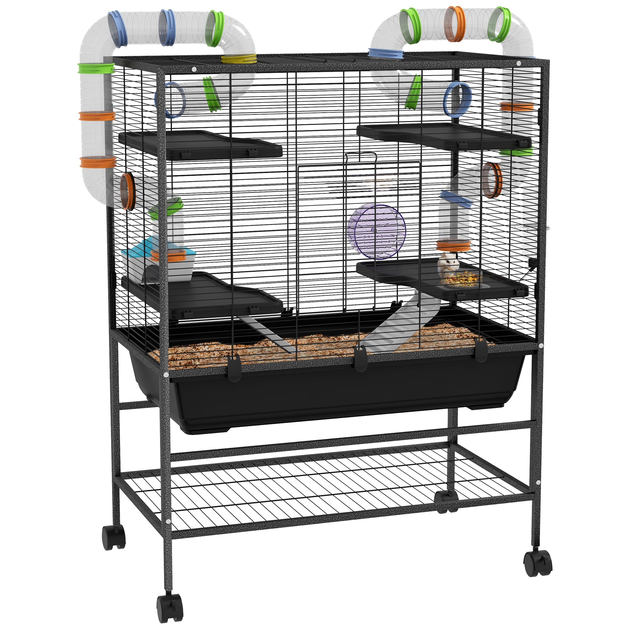 PawHut Large Hamster Cage, Gerbil Cage with Tubes, Storage Shelf, Ramps, Platforms, Running Wheel - Black 