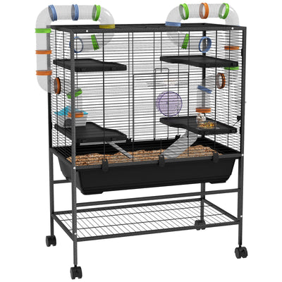 PawHut Large Hamster Cage, Gerbil Cage with Tubes, Storage Shelf, Ramps, Platforms, Running Wheel - Black 