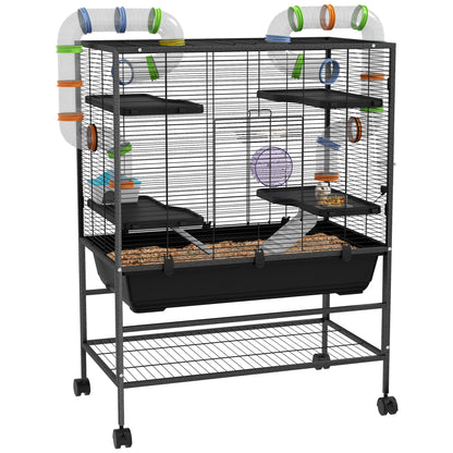 PawHut Large Hamster Cage, Gerbil Cage with Tubes, Storage Shelf, Ramps, Platforms, Running Wheel - Black 
