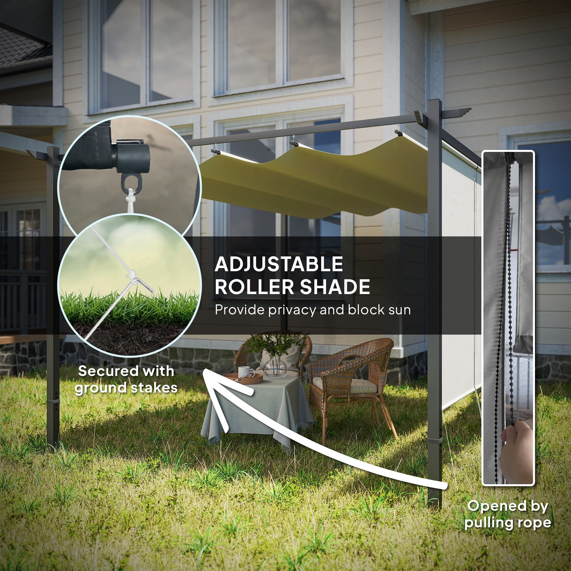 Outsunny 3 x 4m Metal Pergola with Retractable Roof and Roller Shade, Wall-Mounted or Free Standing Garden Gazebo Canopy Pergola Kit, UPF30+ Outdoor Sun Shade Shelter, Beige 