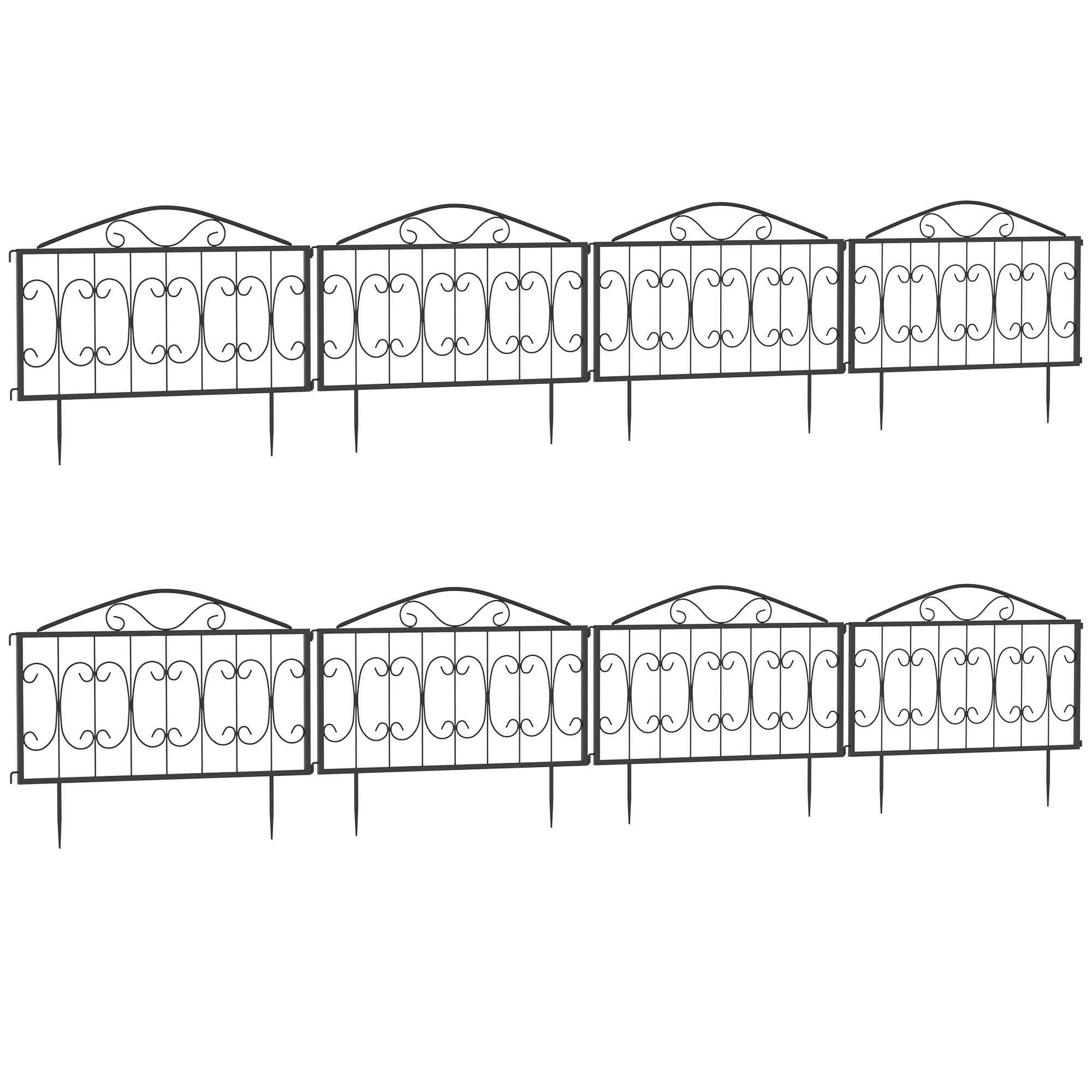Outsunny Decorative Garden Fencing, 8PCs Outdoor Picket Fence Panels, Rustproof Metal Wire Landscape Flower Bed Border Edging Animal Barrier, Black 
