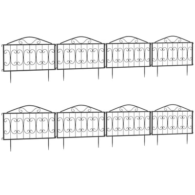 Outsunny Decorative Garden Fencing, 8PCs Outdoor Picket Fence Panels, Rustproof Metal Wire Landscape Flower Bed Border Edging Animal Barrier, Black 