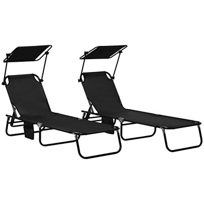 Outsunny Set of Two Folding Sun Loungers, with Adjustable Backs and Sun Canopies - Black 