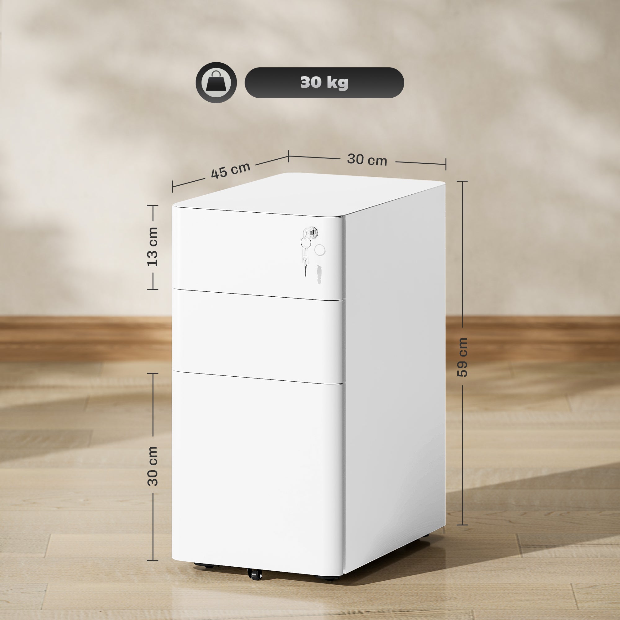 Vinsetto 3-Drawer Steel Filing Cabinet with Lock - White 