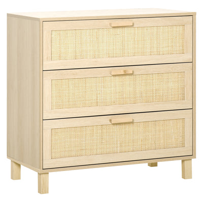 HOMCOM Rattan Bedroom Chest of Drawers, 3 Drawers Storage Unit, Boho Dresser for Living Room, Hallway, Natural 