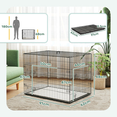 PawHut Foldable Dog Crate with 2 Doors with Tray, Soft Cushion, for Large Medium Dogs, 91 x 62 x 68, Black 
