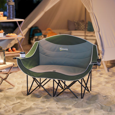 Outsunny Double Camping Chair for Adults, Oversized Heavy Duty Padded Folding Chair with Armrests, Cup Holders and Carry Bag for Outdoor Camping Hiking Picnic Fishing, 250kg Capacity, Green 
