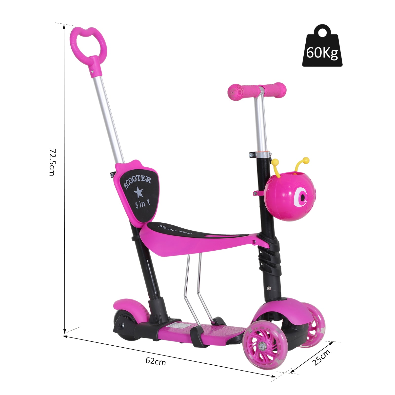 HOMCOM 5 in1 Kids  Scooter 3 Wheel Toddler scooter Kick Scooter with Adjustable Handlebar, Removable Seat & Back Rest for 18 Month+, Pink 