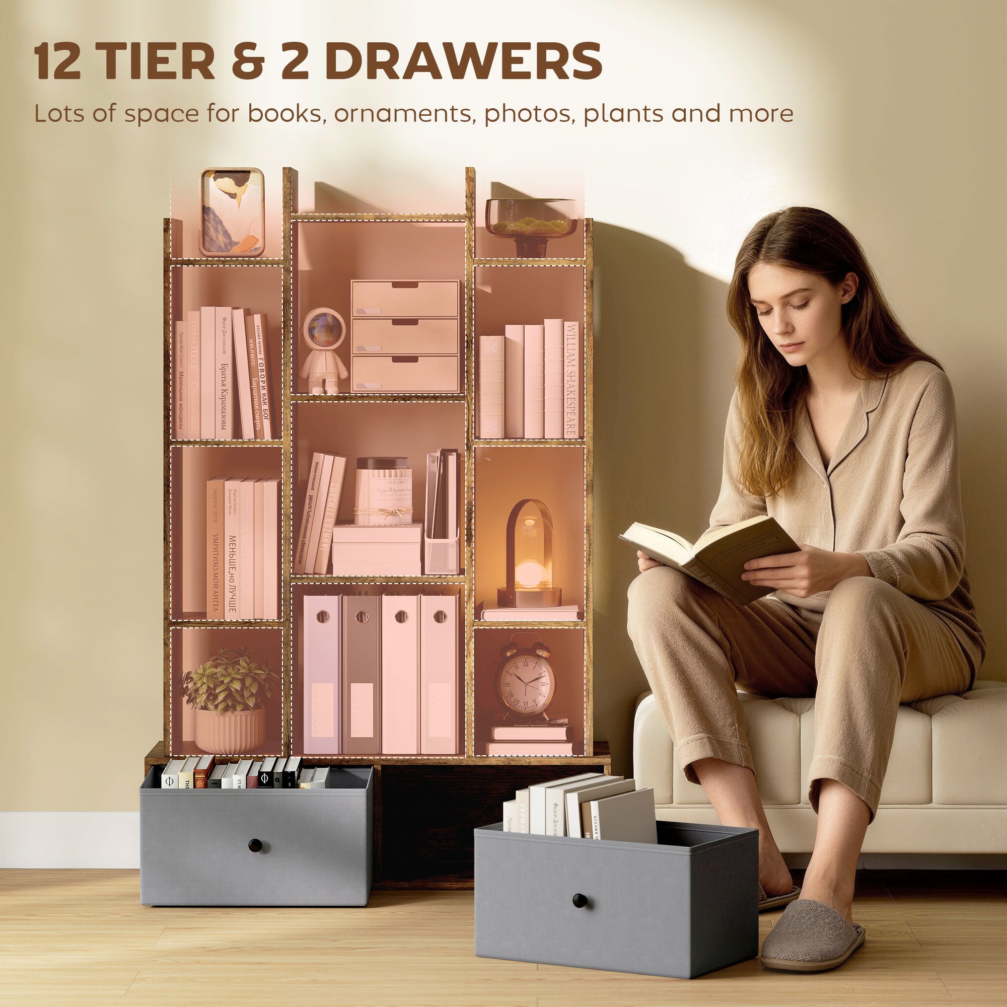HOMCOM 12 Shelf Storage Unit, with Drawers - Brown 