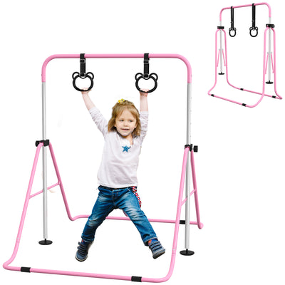 HOMCOM Adjustable Height, Foldable Kids Gymnastics Bar w/ Non-slip Rubber Floor Rings, for 3+ Years, Pink 