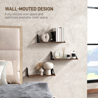 HOMCOM Set of 3 Wall Shelves, Vintage Wall Mounted Floating Shelves for Living Room, Entryway, Bedroom, Rustic Brown 