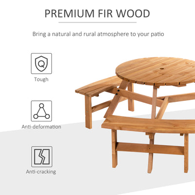 Outsunny 6 Seater Wooden Picnic Table and Garden Benches Set, Round Garden Dining Set with 3 Benches and Umbrella Hole Outdoor Garden Park, Brownish Red 