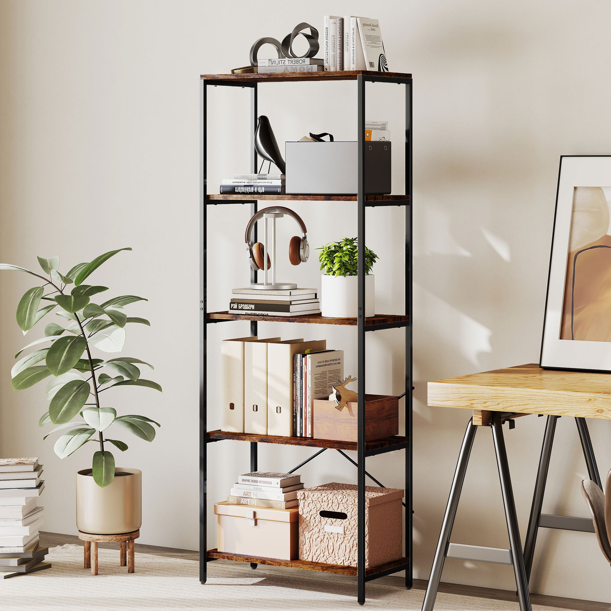 HOMCOM 5-Tier Bookshelf, Industrial Bookcase with Metal Frame - Rustic Brown and Black 