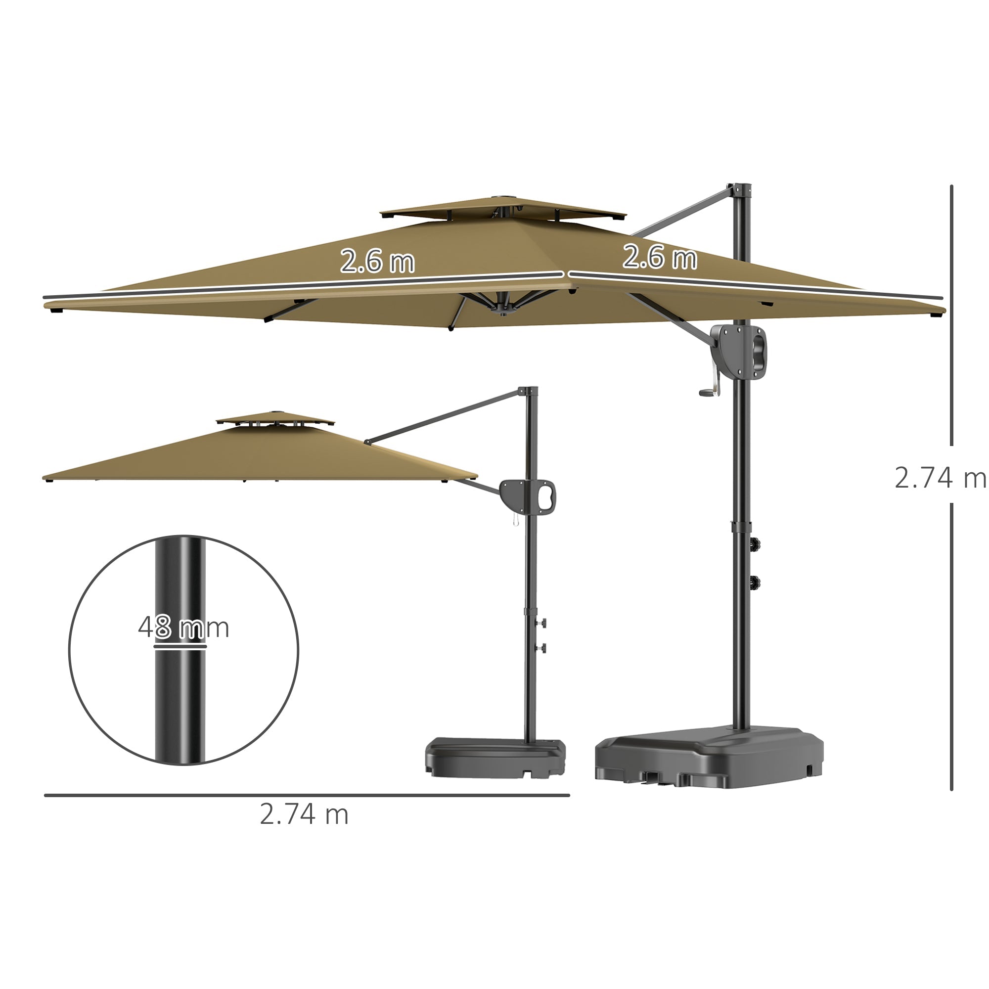 Outsunny Cantilever Parasol with Weighted Base Double Top Garden Parasol Square Hanging Patio Umbrella with Crank Tilt Khaki 