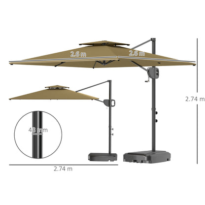 Outsunny Cantilever Parasol with Weighted Base Double Top Garden Parasol Square Hanging Patio Umbrella with Crank Tilt Khaki 