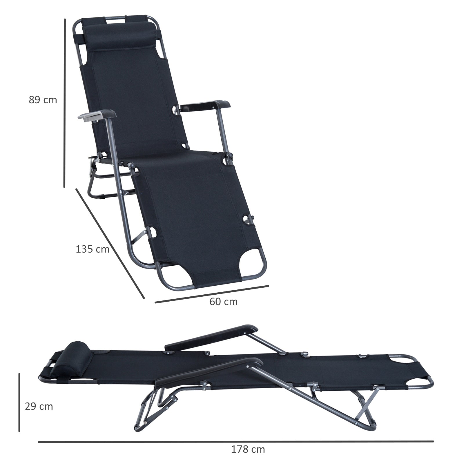 Outsunny Metal Frame 2 In 1 Sun Lounger w/ Pillow Black 