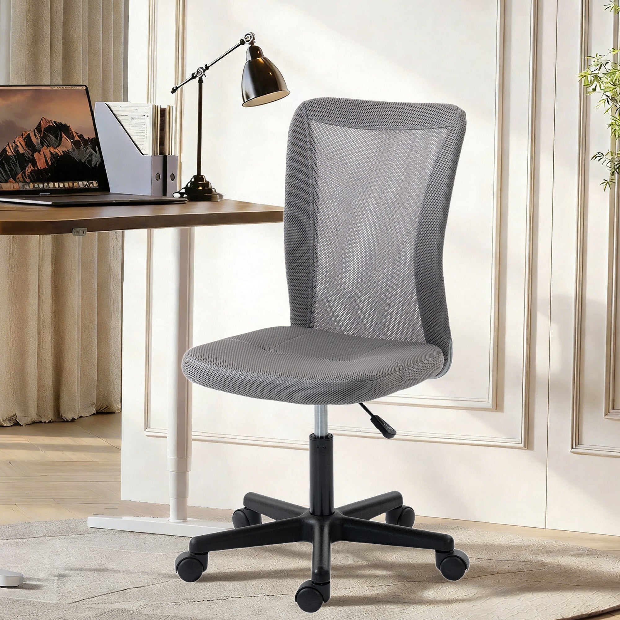 Vinsetto Computer Desk Chair, Mesh Office Chair with Adjustable Height and Swivel Wheels, Armless Study Chair, Grey 