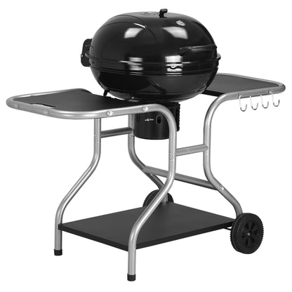 Outsunny Portable Charcoal Kettle Grill Outdoor Barbecue Trolley BBQ Heat Smoker Grilling with 2 Wheels, Storage Shelf and 4 Hooks, Free Standing, Black 