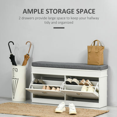 HOMCOM Shoe Storage Bench with Flip Drawers, Shoe Cabinet with Seat Cushion and Adjustable Shelf for Hallway, Entryway, Living Room, Bedroom, White 