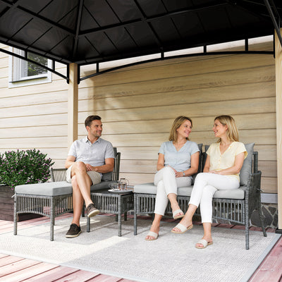 Outsunny 3 Piece Rattan Garden Furniture Corner Sofa Set with Chaise Lounge, Loveseat, Glass Coffee Table, Cushions, Dark Grey 