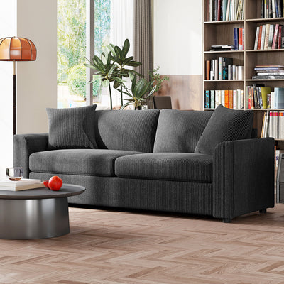 HOMCOM Modern 3 Seater Sofa with Spring Cushion, 212 cm Fabric Jumbo Cord Sofa Couch with 2 Scatter Cushions, Upholstered Corduroy Settee for Living Room, Bedroom, Home Office, Grey 