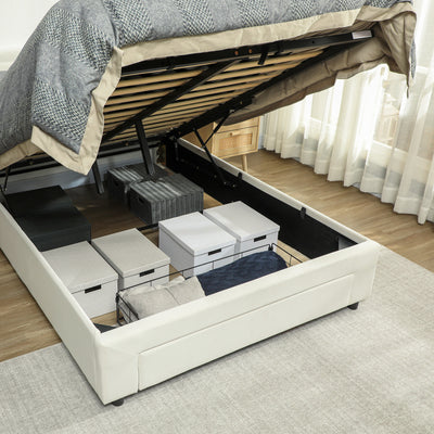 HOMCOM Double Ottoman Bed Frame, with Front Drawer - Cream 