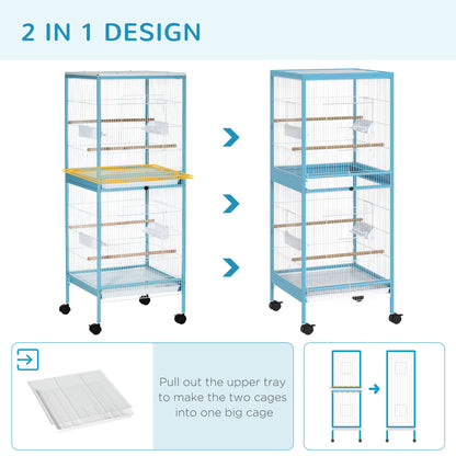 PawHut Bird Cage Budgie Cage 2 In 1 Large Aviary with Wheels Removable Trays for Finch Canaries Cockatiels Light Blue 
