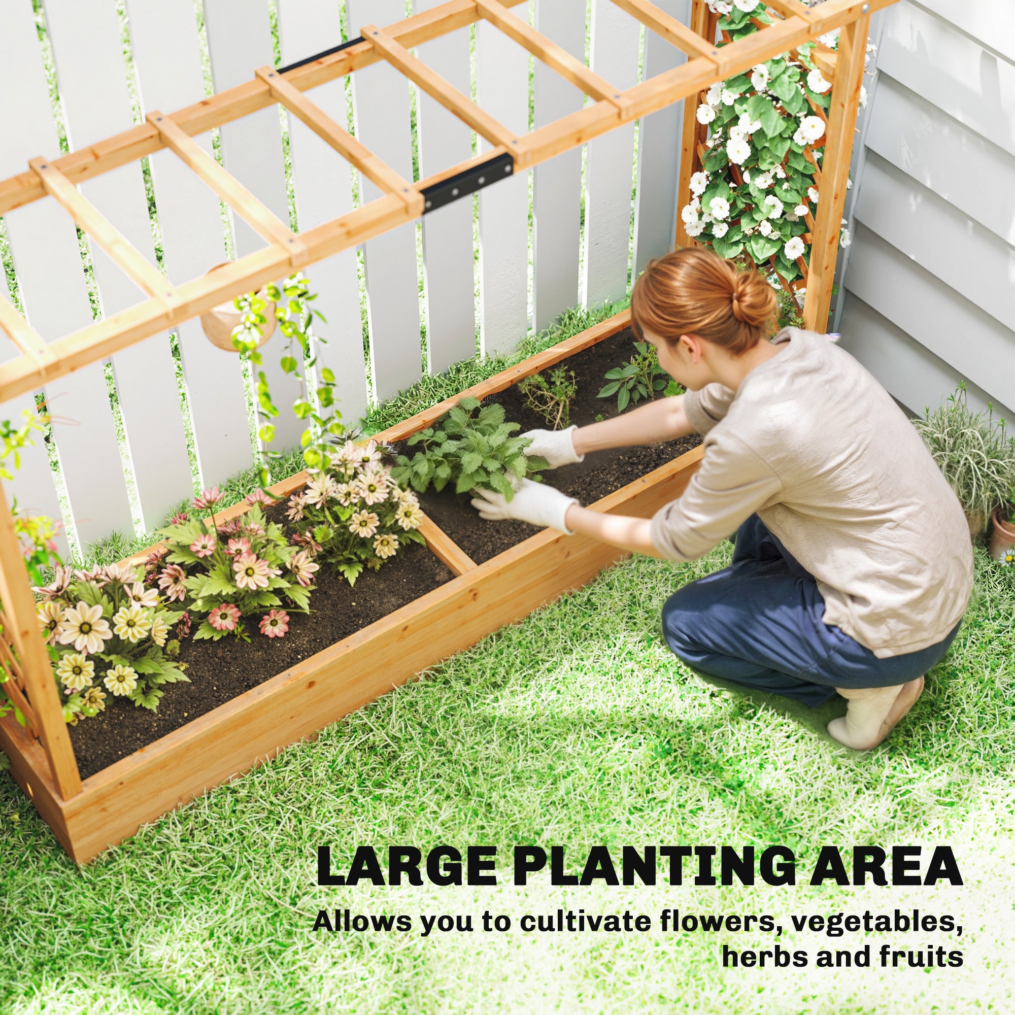 Outsunny Raised Planter with Trellis, Wooden Raised Bed for Garden with Hanging Roof and Drainage Holes, Outdoor Planter Box 
