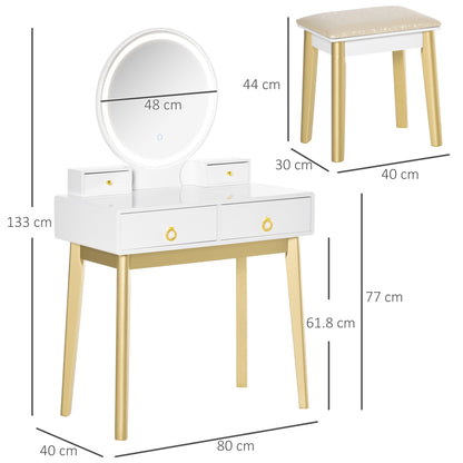 HOMCOM Dressing Table Set with Mirror, Built-in 3 Color LED Light, Vanity Makeup Table with 4 Drawers and Cushioned Stool for Bedroom, White 